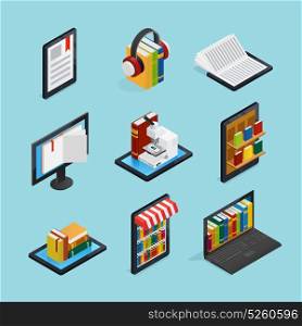 Online Books Isometric Set. Online books isometric set with listening reading on mobile device internet library and stores isolated vector illustration