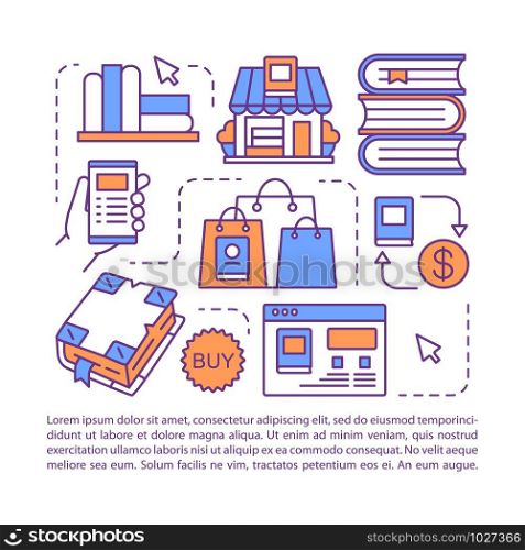 Online bookstore article page vector template. Brochure, magazine, booklet design element with linear icons. Digital library, bookshop website. Print design. Concept illustrations with text