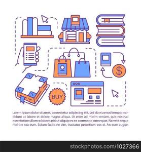 Online bookstore article page vector template. Brochure, magazine, booklet design element with linear icons. Digital library, bookshop website. Print design. Concept illustrations with text