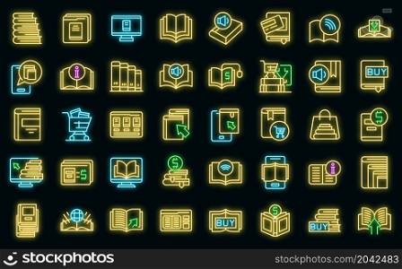 Online bookstore icons set outline vector. Open book magazine. Author library. Online bookstore icons set vector neon