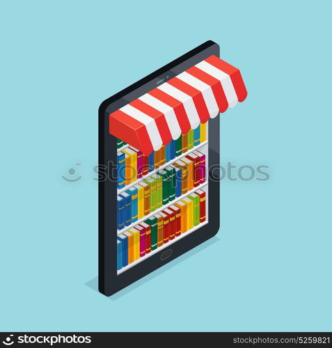 Online Bookstore Isometric Illustration. Online bookstore design including bookshelves at mobile device with striped awning on blue background isometric vector illustration