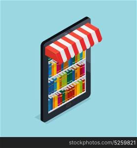 Online Bookstore Isometric Illustration. Online bookstore design including bookshelves at mobile device with striped awning on blue background isometric vector illustration