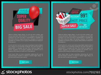 Online brochures with premium discounts, big sale of super quality products web page templates vector. Exclusive goods, label with inflatable balloon. Online Brochures with Premium Discounts, Big Sale