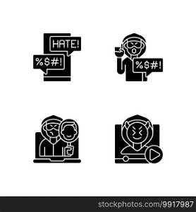 Online bullying black glyph icons set on white space. Messenger cyberbullying. Hate speech. Video shaming. Online impersonation. Offensive comments. Silhouette symbols. Vector isolated illustration. Online bullying black glyph icons set on white space
