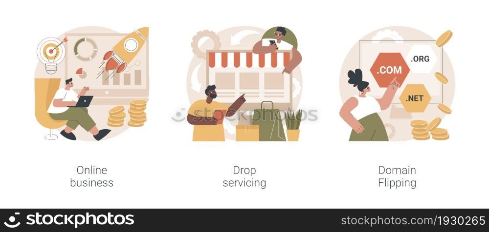 Online business abstract concept vector illustration set. Drop servicing, domain flipping, business opportunity, outsource, drop shipping, web hosting, social media sales, promotion abstract metaphor.. Online business abstract concept vector illustrations.