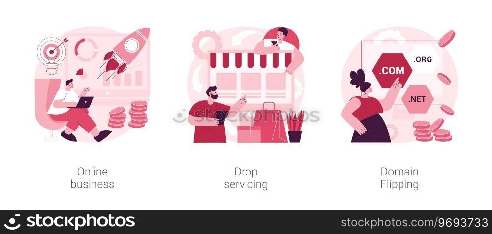Online business abstract concept vector illustration set. Drop servicing, domain flipping, business opportunity, outsource, drop shipping, web hosting, social media sales, promotion abstract metaphor.. Online business abstract concept vector illustrations.