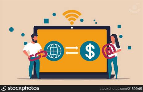 Online business banking and wireless deposit investment with laptop. Network transaction and pay vector drawing illustration concept. Future finance cloud with man and woman. Commerce web connection