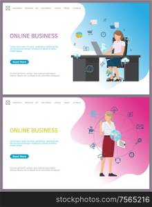 Online business boss leader in working place. Woman with icons of magnifying glass tool, charts and information in visual representation form. Website or webpage template, landing page in flat style. Online Business, Boss Leader in Working Place