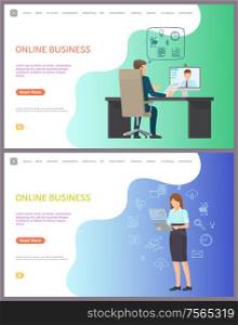 Online business, boss speaking to freelancers via computer vector. Meeting with worker in internet, businesswoman working on laptop, financial data. Website template, landing page in flat style. Online Business, Boss Speaking to Freelancers