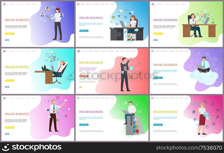 Online business, businessman at workplace with PC vector. Businesswoman interacting with social worldwide global network, searching for information. Online Business, Businessman at Workplace with PC