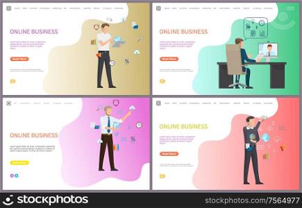Online business, businessman discussing project with freelancer vector. Distant communication with partner with help of internet. Gears and tools. Online Business, Businessman Discussing Project