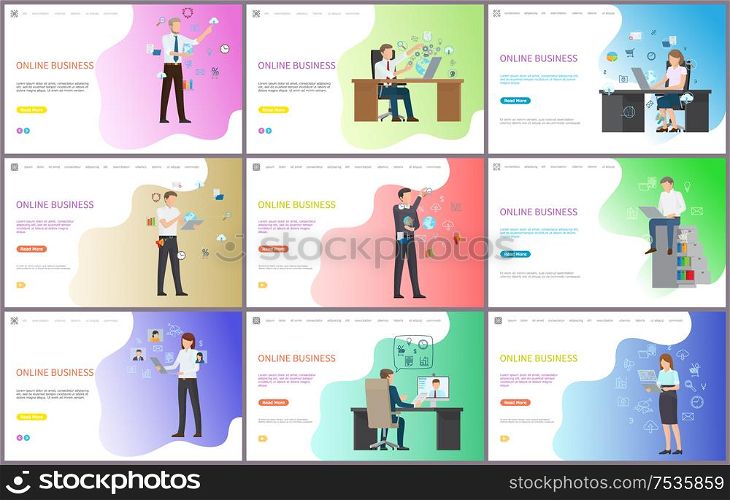 Online business, businessman sitting in office vector. Person working on laptop, Male with new computer technologies modern devices for work progress. Online Business, Businessman Sitting in Office