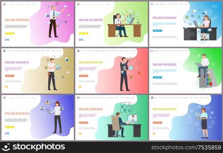 Online business, businessman sitting in office vector. Person working on laptop, Male with new computer technologies modern devices for work progress. Online Business, Businessman Sitting in Office