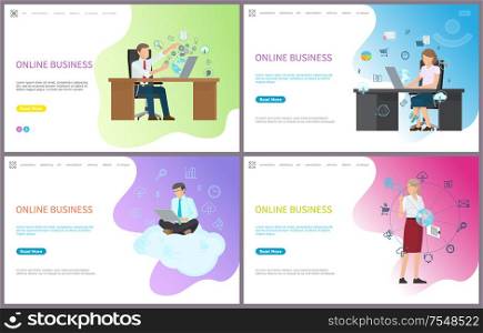 Online business, businessman solving problems in internet vector. Person sitting on cloud, businesswoman with worldwide global information and data. Online Business, Businessman Solving Problems