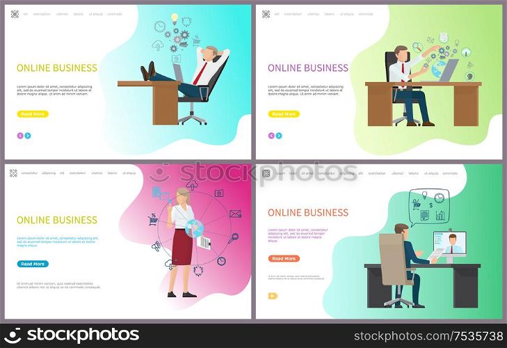 Online business, businessman talking on internet with partner abroad vector. Communication and possibilities with digital world and new renovations. Online Business, Businessman Talking on Internet