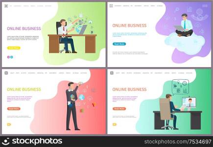 Online business, businessman working with laptops boss at job vector. Leader of company interacting with data, globe cogwheel, cloud and conference. Online Business, Businessman Laptops Boss at Job