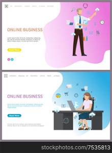 Online business, businesswoman sitting in office vector. Lady with laptop searching for data, shopping cart and globe icons, charts and mail messages. Online Business, Businesswoman Sitting in Office