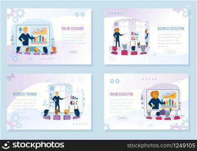 Online Business Coaching, Business Education, Skills Improvement and Training Courses Flat Vector Web Banners Landing Pages Set With Company Leader or Coach Teaching Employees on Seminar Illustration