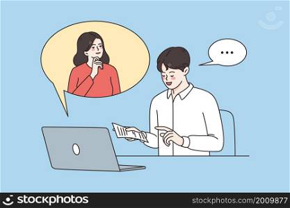 Online business communication and chat concept. Young people man and woman colleagues chatting online on laptop for work vector illustration . Online business communication and chat concept.