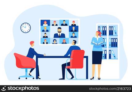 Online business conference or team meeeting use video call. Vector communication meeting conference, video team technology chat screen illustration. Online business conference or team meeeting use video call