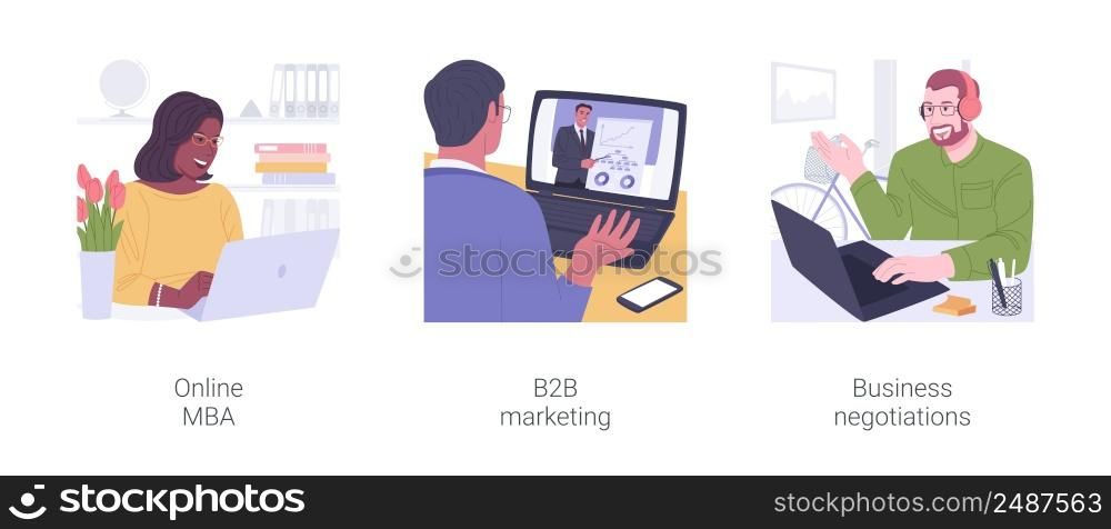 Online business courses isolated cartoon vector illustrations set. Online MBA, B2B marketing online degree, business negotiations and leadership programs, distance learning vector cartoon.. Online business courses isolated cartoon vector illustrations set.