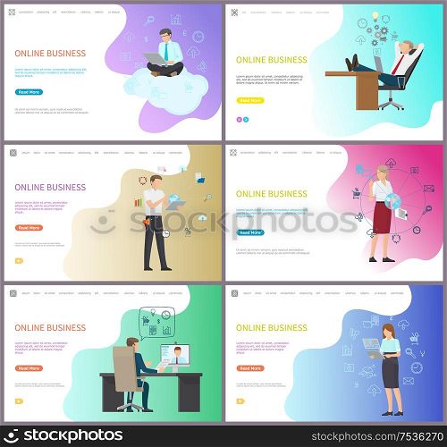 Online business for companies and investors set of posters with text sample. Analysis and worldwide network, internet and web leading working process. Online Business for Companies and Investors Set