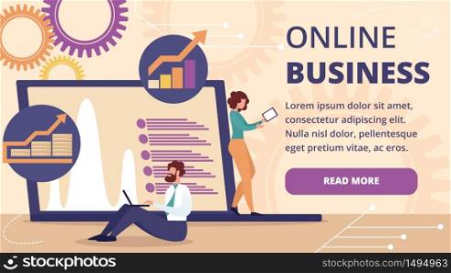 Online Business Horizontal Banner. Young Businessman and Businesswoman Working at Huge Laptop with Growth Graphs and Charts Diagrams on Screen, Internet Technologies. Cartoon Flat Vector Illustration. Online Business Banner. Internet Technologies.