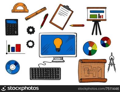 Online business idea, inspiration and research concept with computer surrounded by icons of analysis, accounting, maths, books, presentation, gear, disk, paperwork and brainstorm. Online inspiration, idea and research concept