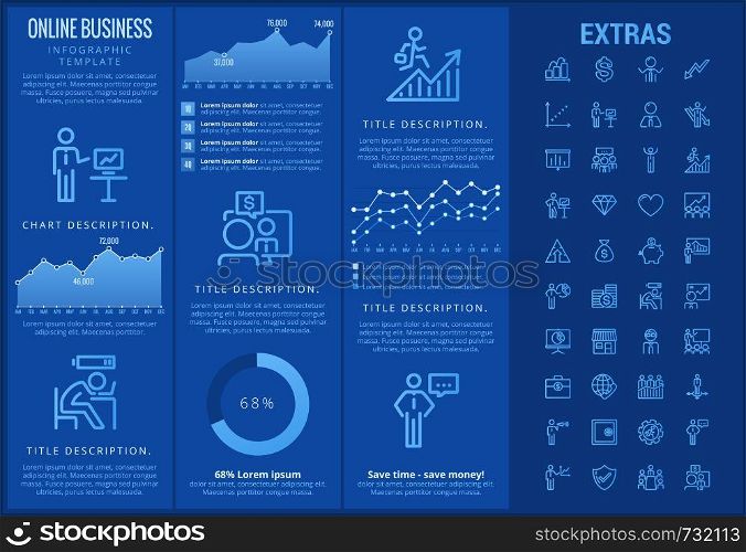 Online business infographic template, elements and icons. Infograph includes customizable graphs, charts, line icon set with stack of money, online market, business worker, mobile shop etc.. Online business infographic template and elements.