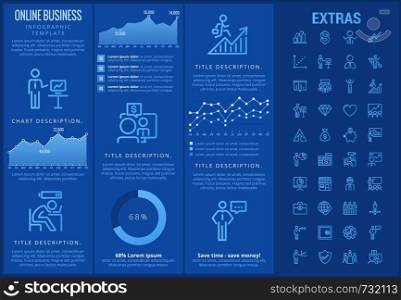 Online business infographic template, elements and icons. Infograph includes customizable graphs, charts, line icon set with stack of money, online market, business worker, mobile shop etc.. Online business infographic template and elements.