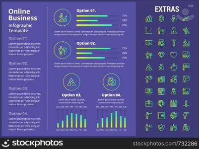 Online business infographic template, elements and icons. Infograph includes customizable graphs, four options, line icon set with stack of money, online market, business worker, mobile shop etc.. Online business infographic template and elements.