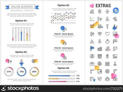 Online business infographic template, elements and icons. Infograph includes customizable graphs, four options, line icon set with stack of money, online market, business worker, mobile shop etc.. Online business infographic template and elements.
