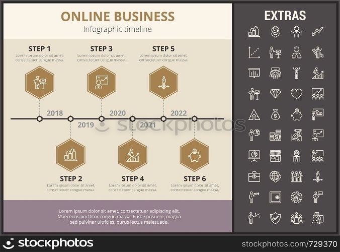 Online business infographic timeline template, elements and icons. Infograph includes step number options, line icon set with stack of money, online market, business worker, mobile shop etc.. Online business infographic template and elements.