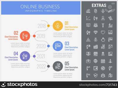 Online business infographic timeline template, elements and icons. Infograph includes numbered options with years, line icon set with stack of money, online market, business worker, mobile shop etc.. Online business infographic template and elements.