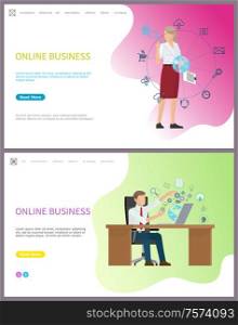 Online business of company, businesswoman and globe vector. Person sitting in office workplace interacting with digital world. Access to world data. Website or webpage template landing page in flat. Online Business of Company Businesswoman and Globe