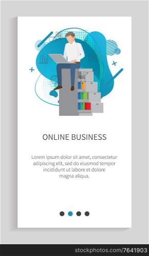Online business of worker character using laptop, cabinet decoration on blue liquid shape with office icons, man working with computer, app vector. Website or app slider, landing page flat style. Man Working with Laptop, Online Business Vector