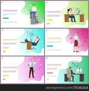 Online business, office workers with laptops PC vector. Businessman sitting with computer, interacting with digital world, conference of boss partner. Online Business, Office Workers with Laptops PC