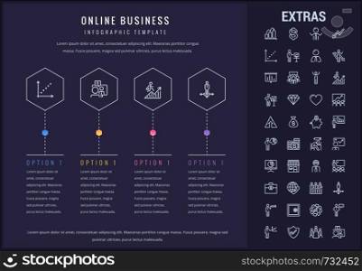 Online business options infographic template, elements and icons. Infograph includes line icon set with money, online market, business person, mobile shop, global network, marketing analytics etc.. Online business infographic template and elements.