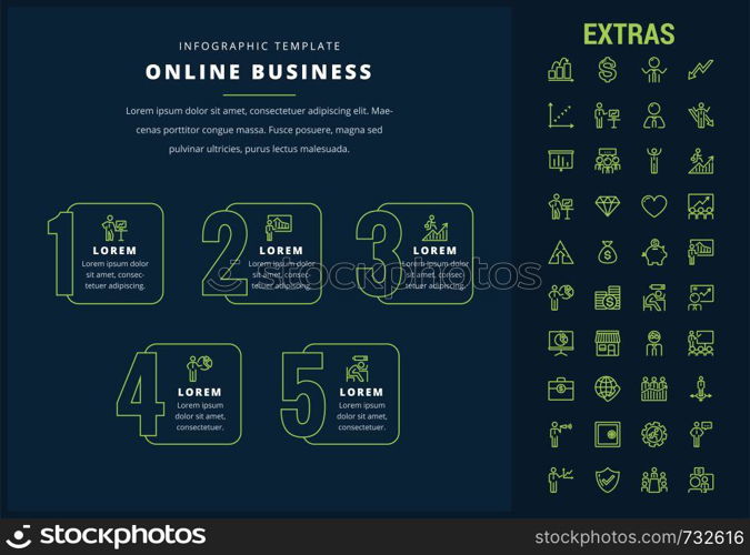 Online business options infographic template, elements and icons. Infograph includes line icon set with money, online market, business person, mobile shop, global network, marketing analytics etc.. Online business infographic template and elements.