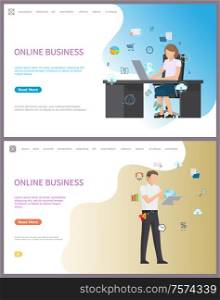 Online business, people using laptops and web to perform working activities vector. Businessman interacting with digital world and information data. Website or webpage template landing page in flat. Online Business, People Using Laptops and Web