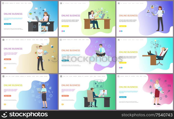 Online business, people working on PC computers vector. Internet web possibilities for companies and workers. Businessman on conference with partner. Online Business, People Working on PC Computers