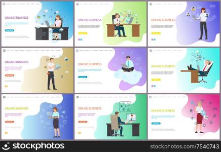 Online business, people working on PC computers vector. Internet web possibilities for companies and workers. Businessman on conference with partner. Online Business, People Working on PC Computers