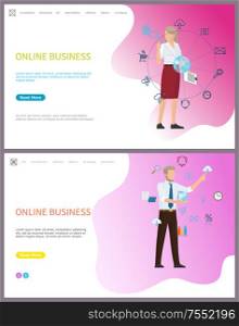 Online business, people working with global network vector. Man and woman with globe, gears and magnifying glass tool, internet computer technology. Online Business People Working with Global Network