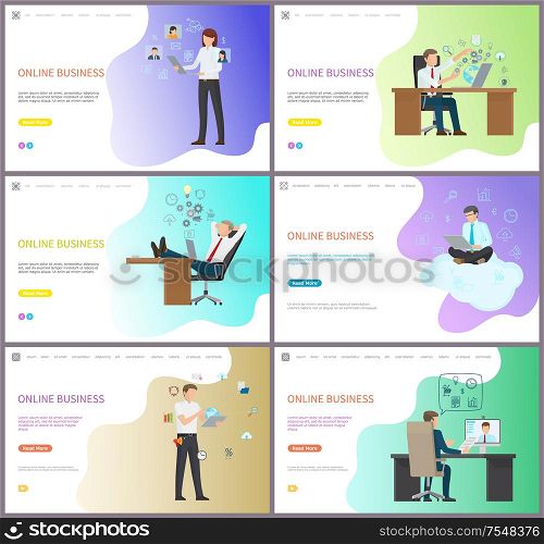 Online business performance, people working hard finding solution vector. Workers promoting market, using laptops and modern technologies devices. Online Business Performance, People Working Hard