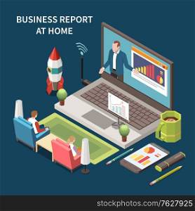 Online business report concept with digital technology symbols isometric vector illustration