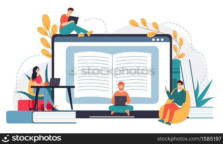 Online business school. Distance education, web courses or tutorials, e-learning, business meeting or online video conference vector illustration. Students working on gadgets as laptop, tablet. Online business school. Distance education, web courses or tutorials, e-learning, business meeting or online video conference vector illustration