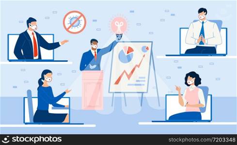 Online Business Seminar Successful Startup Project Profitable Idea Presentation. Corporate Coaching Training Lesson. Man Coach or Presenter Perform at Podium. Partner on Laptop Screen. Covid Outbreak. Online Business Seminar Startup Idea Presentation