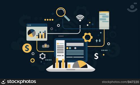 online business social network financial analysis and research flat design, infographics elements, vector illustration