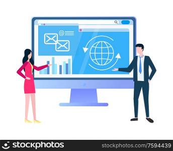 Online business strategies web page with statistics vector. Businessman and businesswoman near computer screen with messenger and chat, global network. Online Business Strategies Page with Statistics