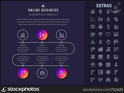 Online business timeline infographic template, elements and icons. Infograph includes years, line icon set with online market, business person, mobile shop, global network, marketing analytics etc.. Online business infographic template and elements.